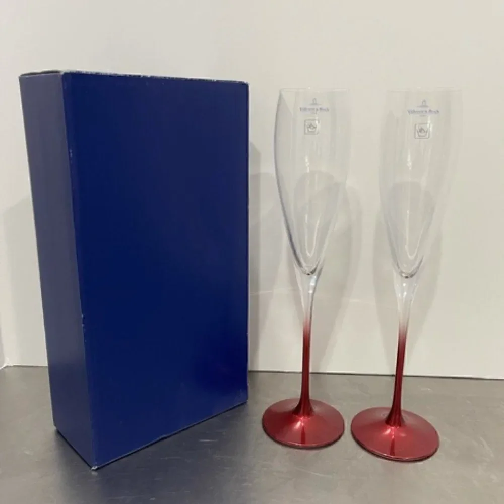 Villeroy & Boch Allegorie Premium Rose Champagne Flute Redwood Red Stem Pair